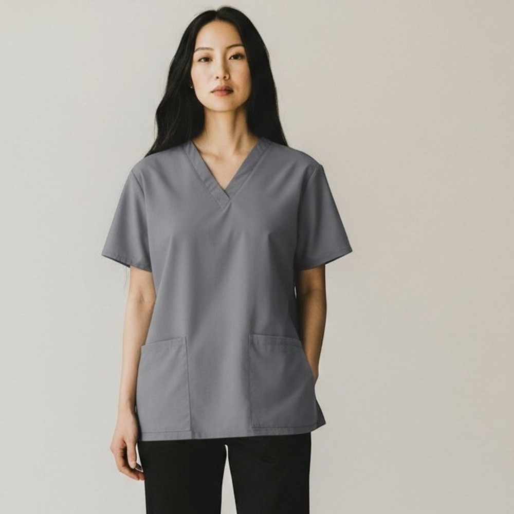 Medline Women Scrub Top Large Gray V-Neck Short Sleeve Pockets Medical Uniform